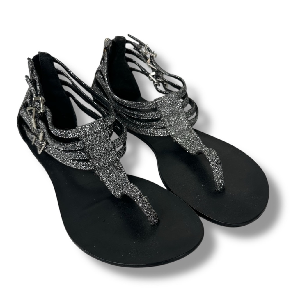 SCHUTZ Silver Leather Sandals Size 5 Post Toe Buckle Shoes